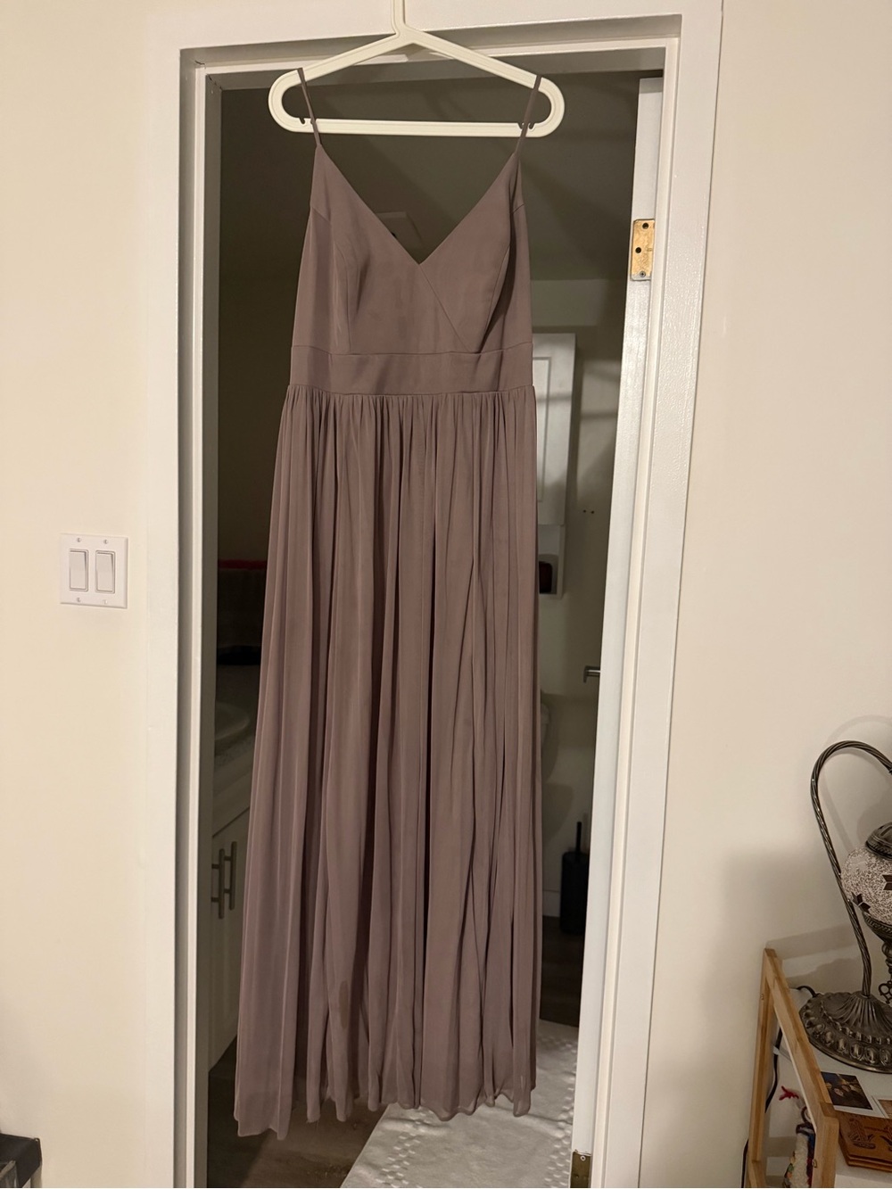 Azazie Mauve-Taupe V-Neck Spaghetti Strap Maxi Dress